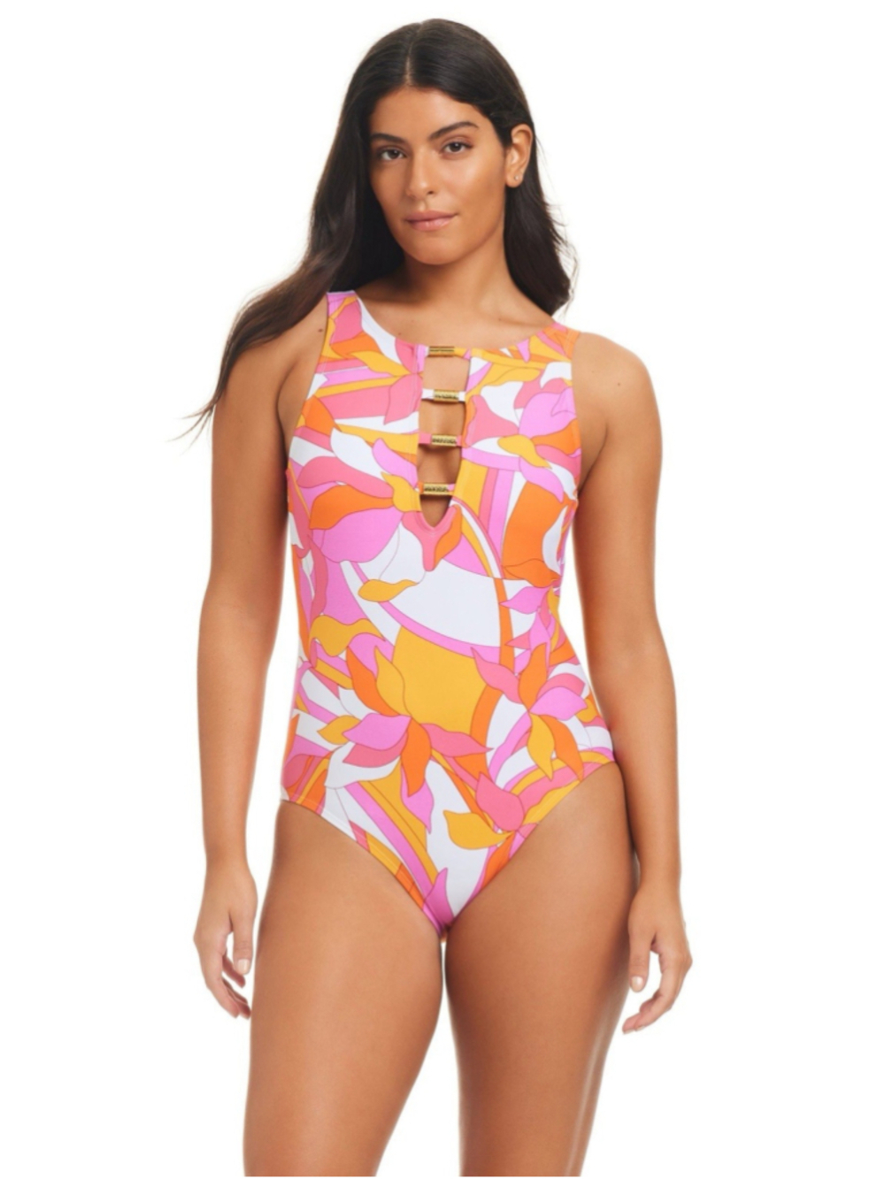 Beyond Control Women's Italic Floral High-Neck Tummy-Control One-Piece Swim 8